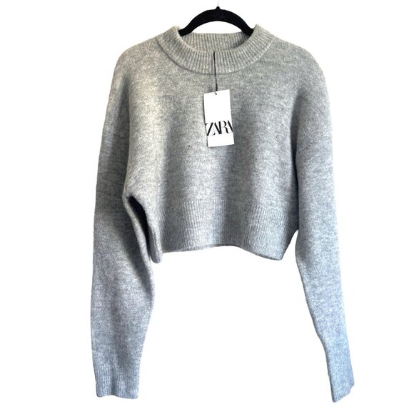 NEW Zara Light Gray Knit Cropped Wool Blend Pullover Crew Neck Sweater Medium - Picture 4 of 5